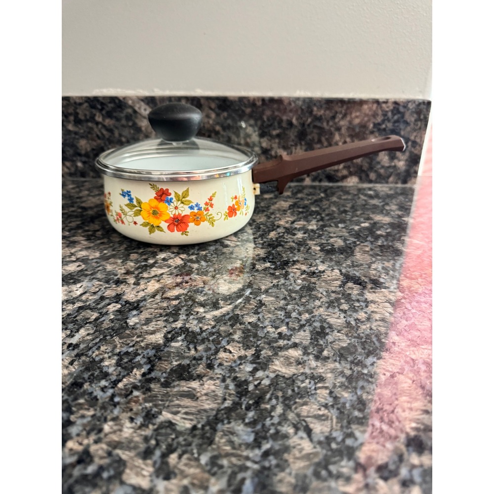 Vintage JMP Sweet Flowers Enamel Saucepan with Lid Made in Spain Floral Retro
